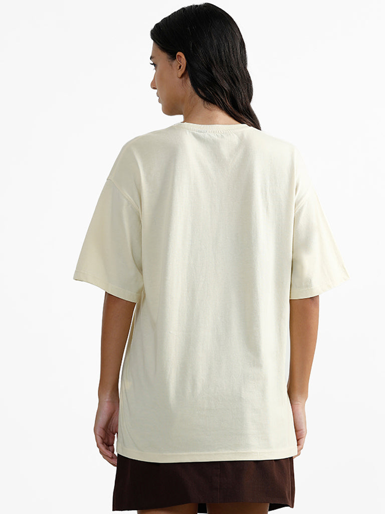 Nuon Beige Drop Shoulder Typographic Printed T-Shirt