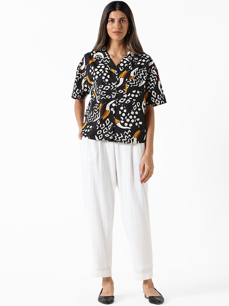 LOV Black Multi-coloured Printed Regular Fit Pop Linen Shirt