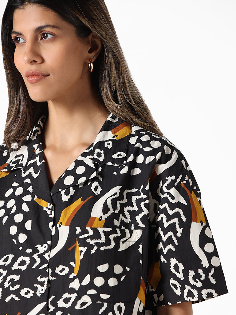 LOV Black Multi-coloured Printed Regular Fit Pop Linen Shirt
