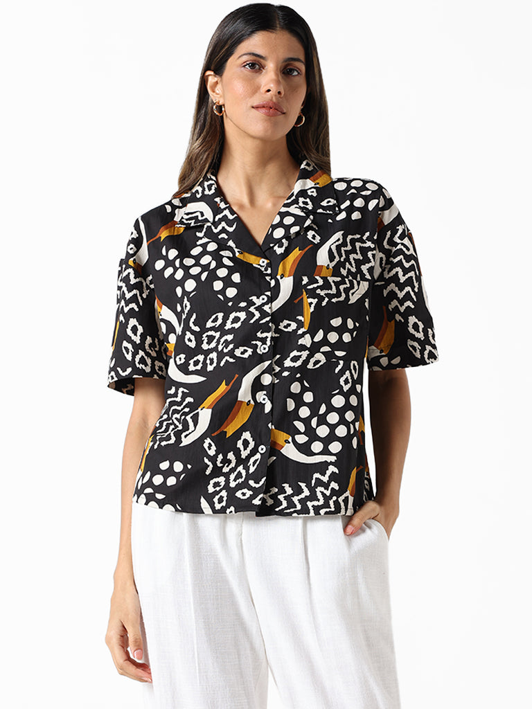 LOV Black Multi-coloured Printed Regular Fit Pop Linen Shirt