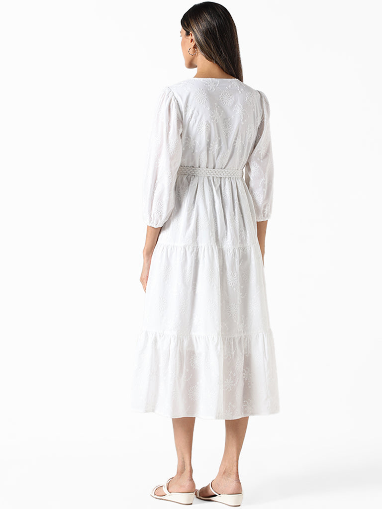 LOV White Embroidered Floral Regular Fit Dress With Belt