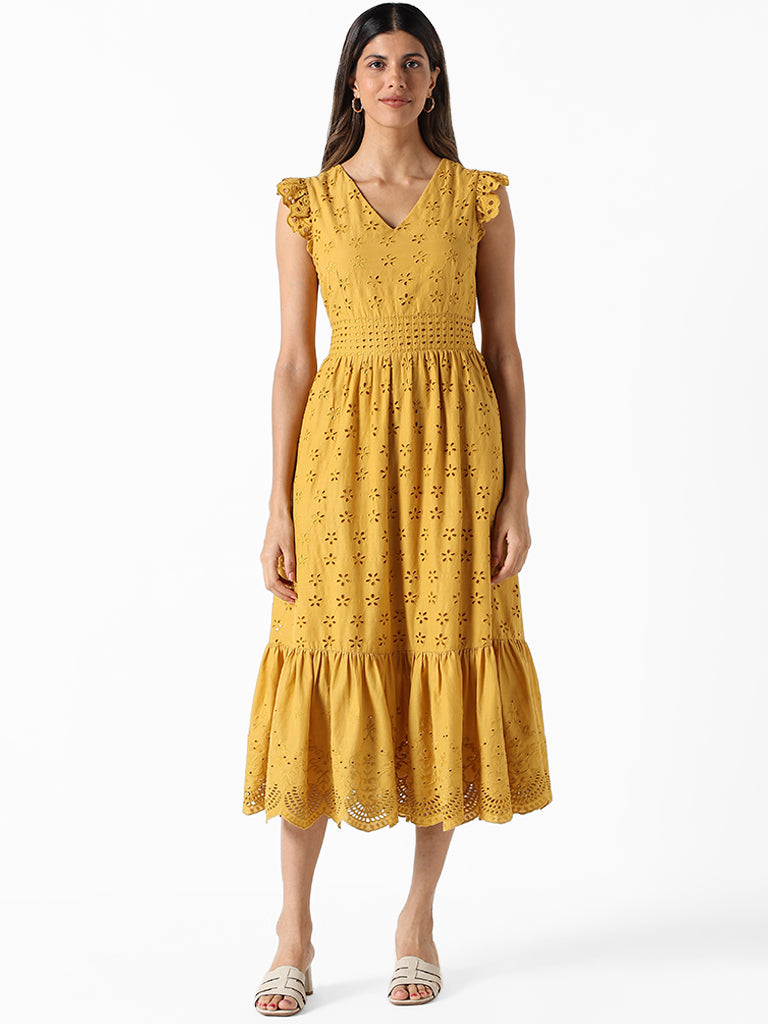 LOV Mustard Schiffli Tiered Dress