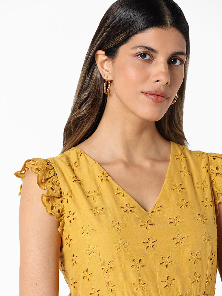 LOV Mustard Schiffli Tiered Dress