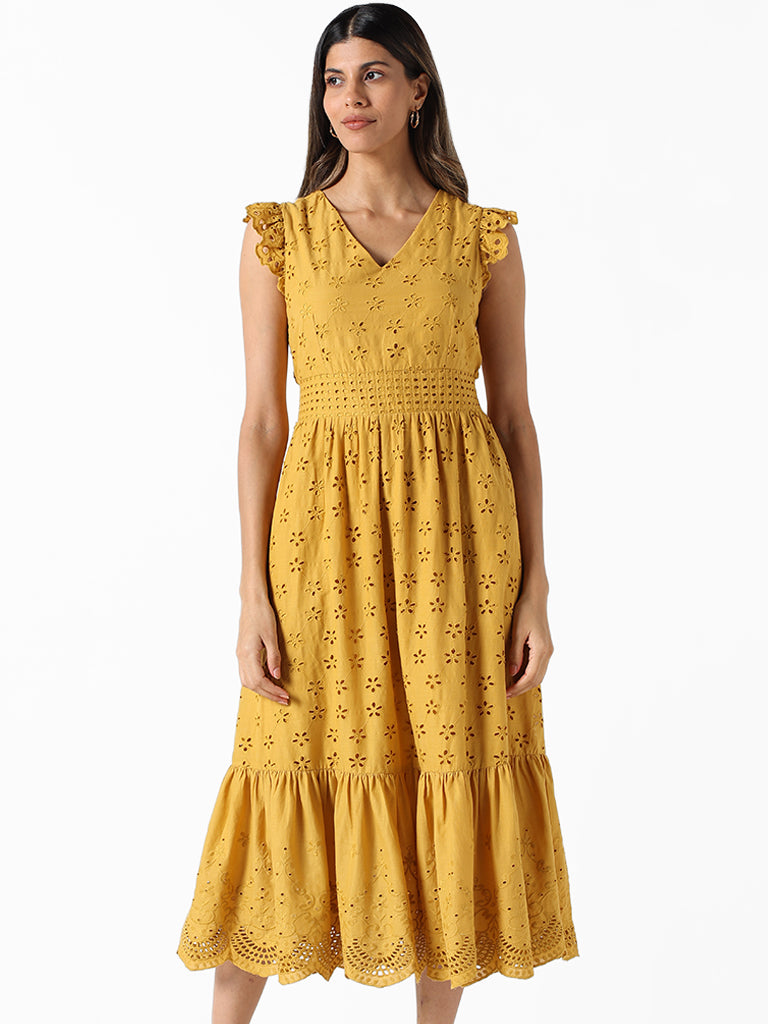 LOV Mustard Schiffli Tiered Dress