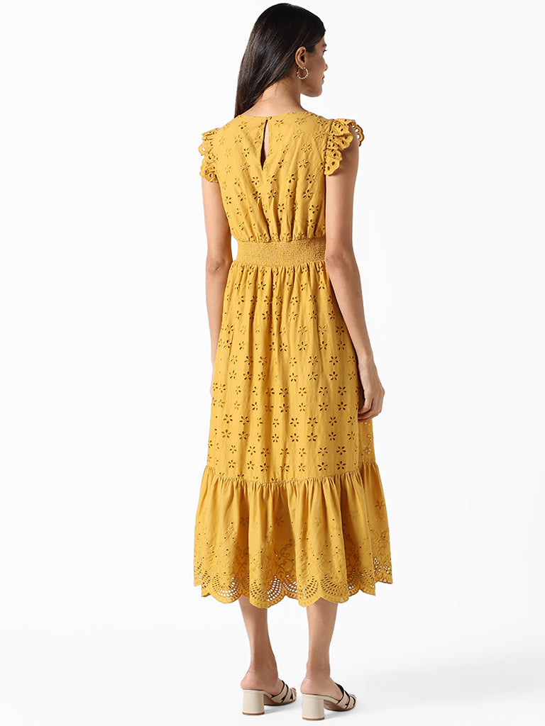 LOV Mustard Schiffli Tiered Dress