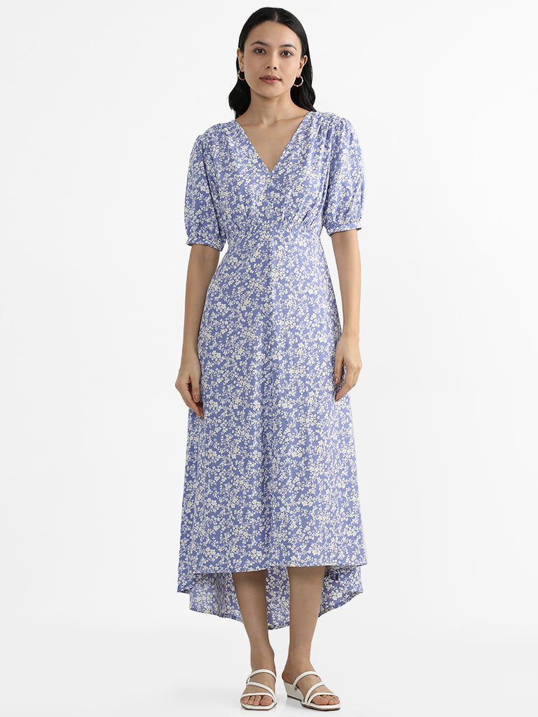 LOV Blue Floral Printed High Low Dress