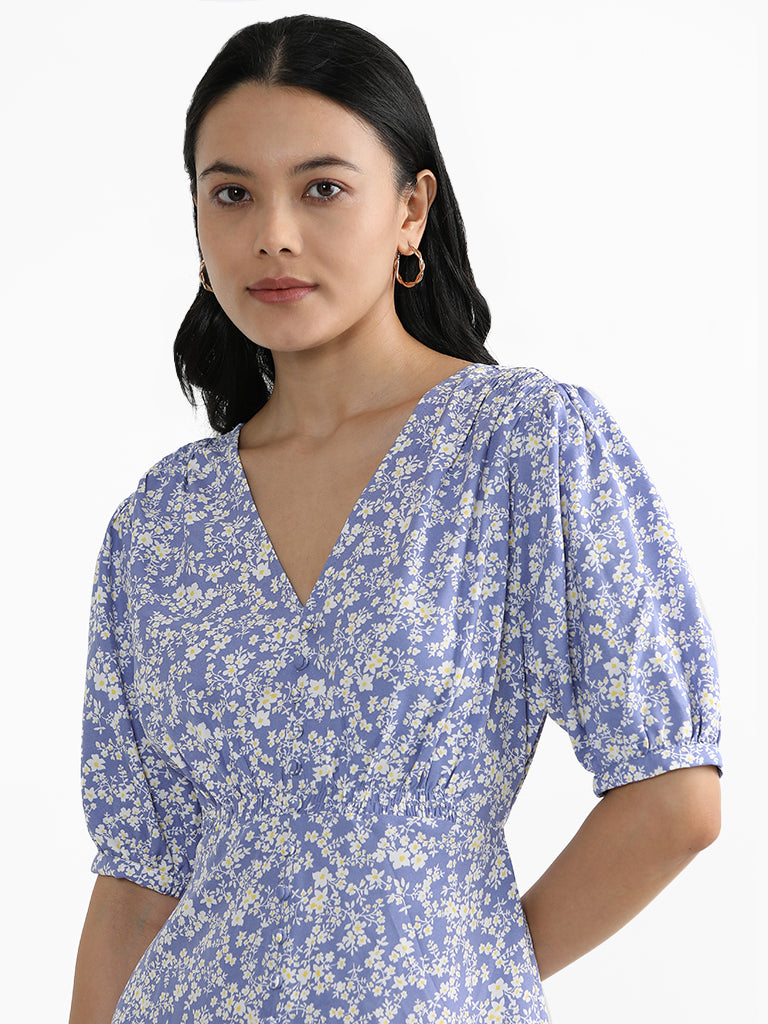LOV Blue Floral Printed High Low Dress