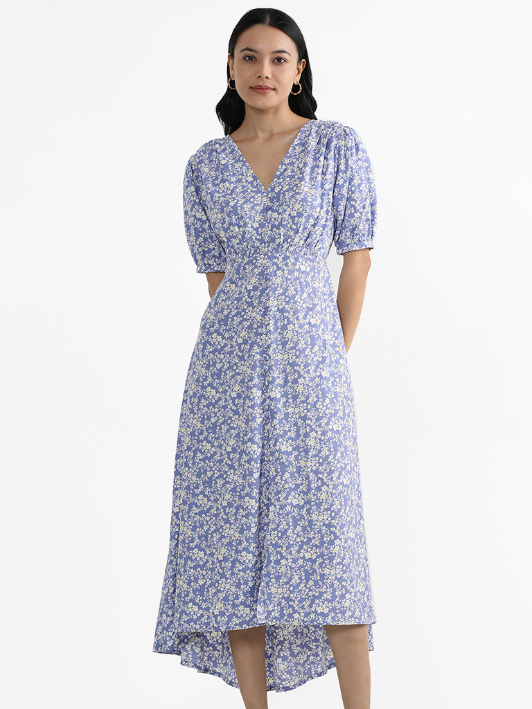 LOV Blue Floral Printed High Low Dress