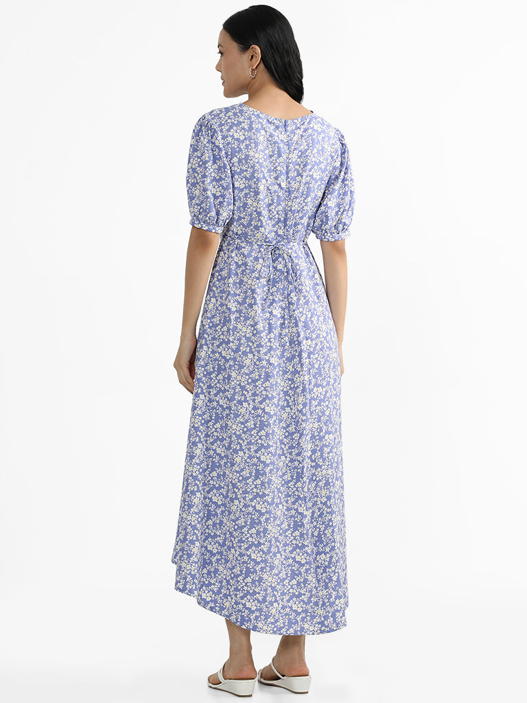 LOV Blue Floral Printed High Low Dress