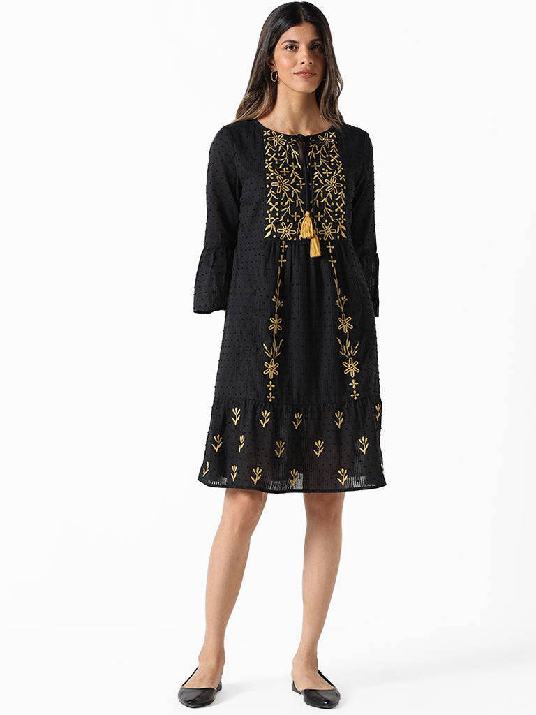 LOV Black Embroidered Regular Fit Dress