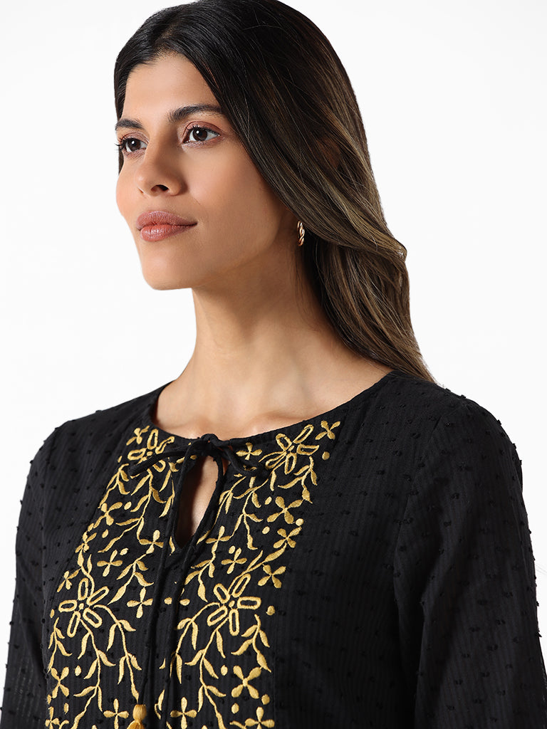 LOV Black Embroidered Regular Fit Dress