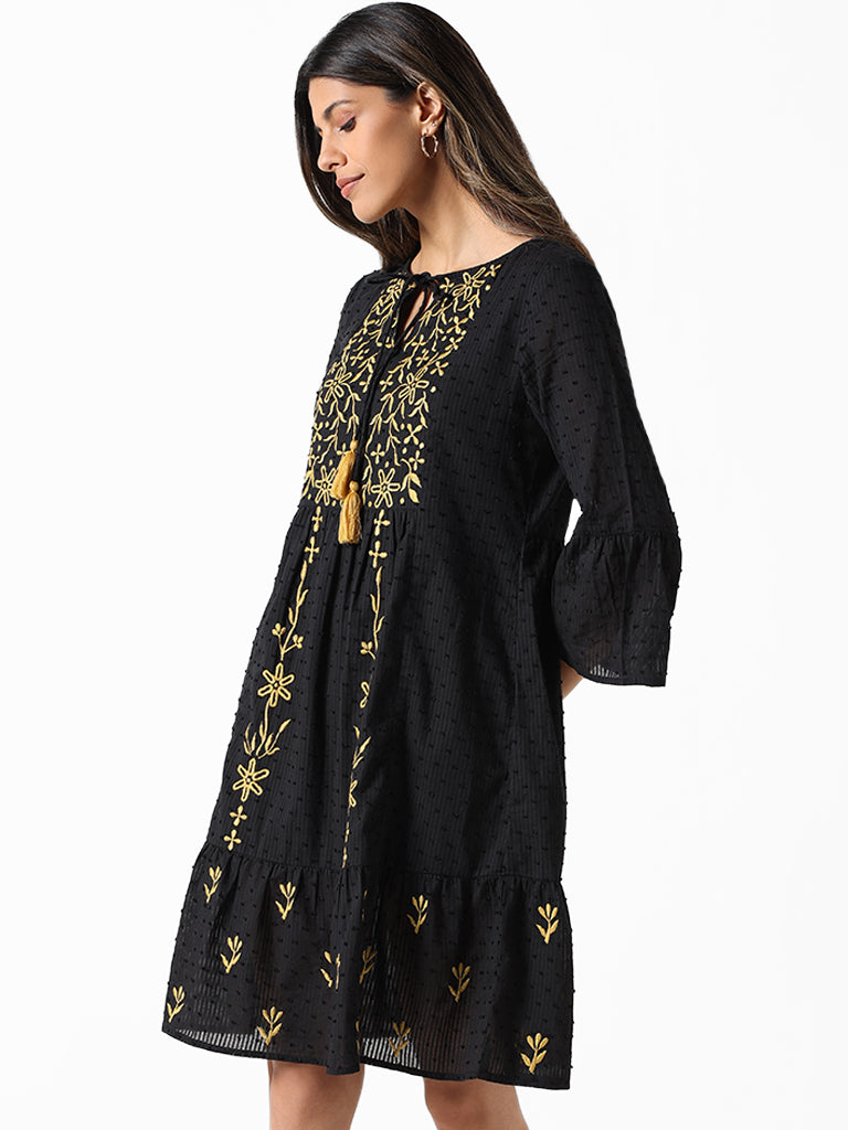 LOV Black Embroidered Regular Fit Dress
