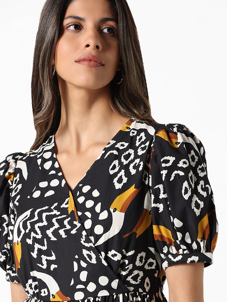 LOV Black Printed Fit and Flare Dress
