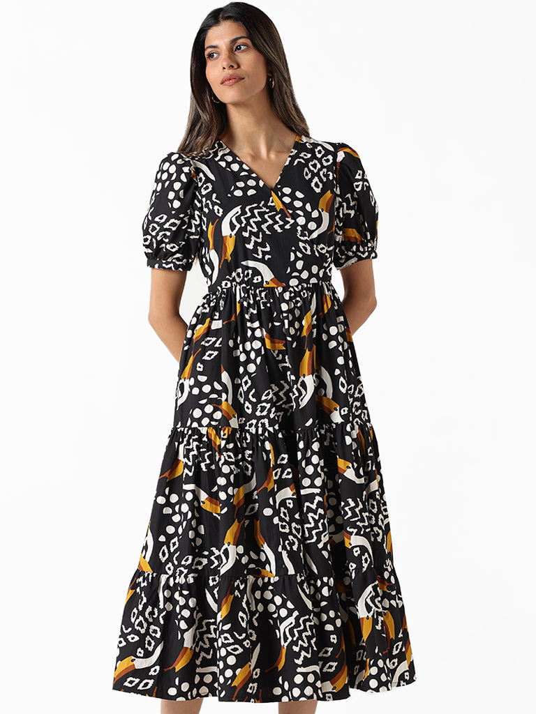 LOV Black Printed Fit and Flare Dress