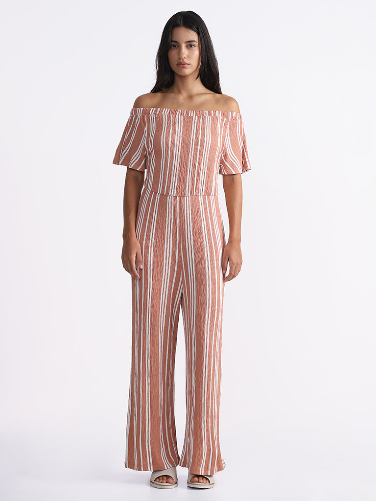 Buy Nuon Brown Striped Off-Shoulder Jumpsuit from Westside