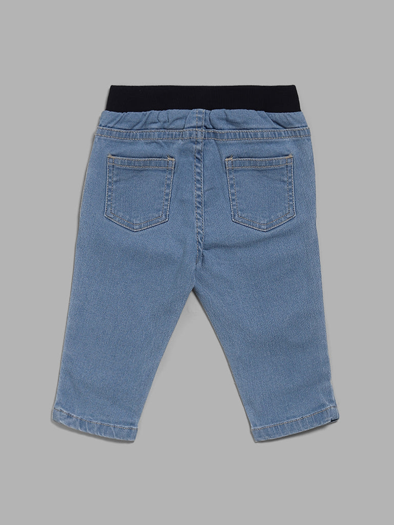 HOP Baby Bear Patch Printed Blue Denim Jeans