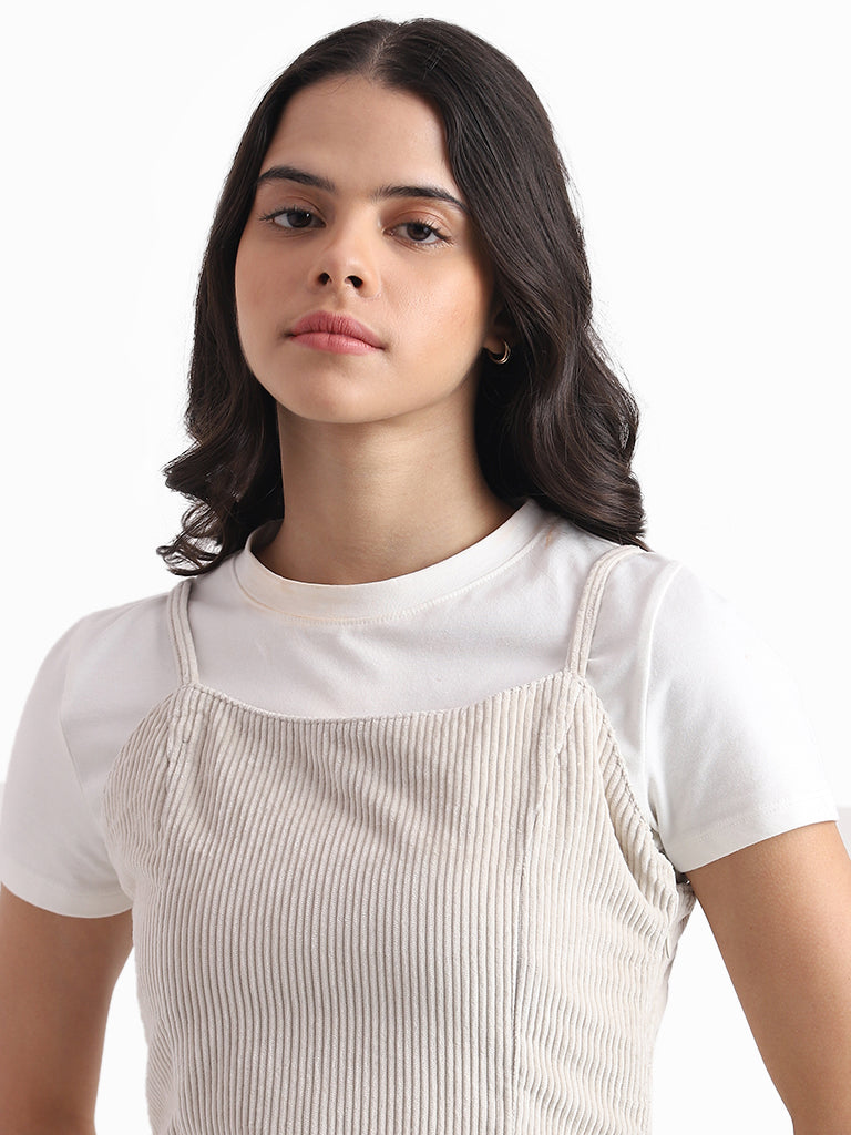 Nuon Solid Light Beige Strappy Shoulder Dress