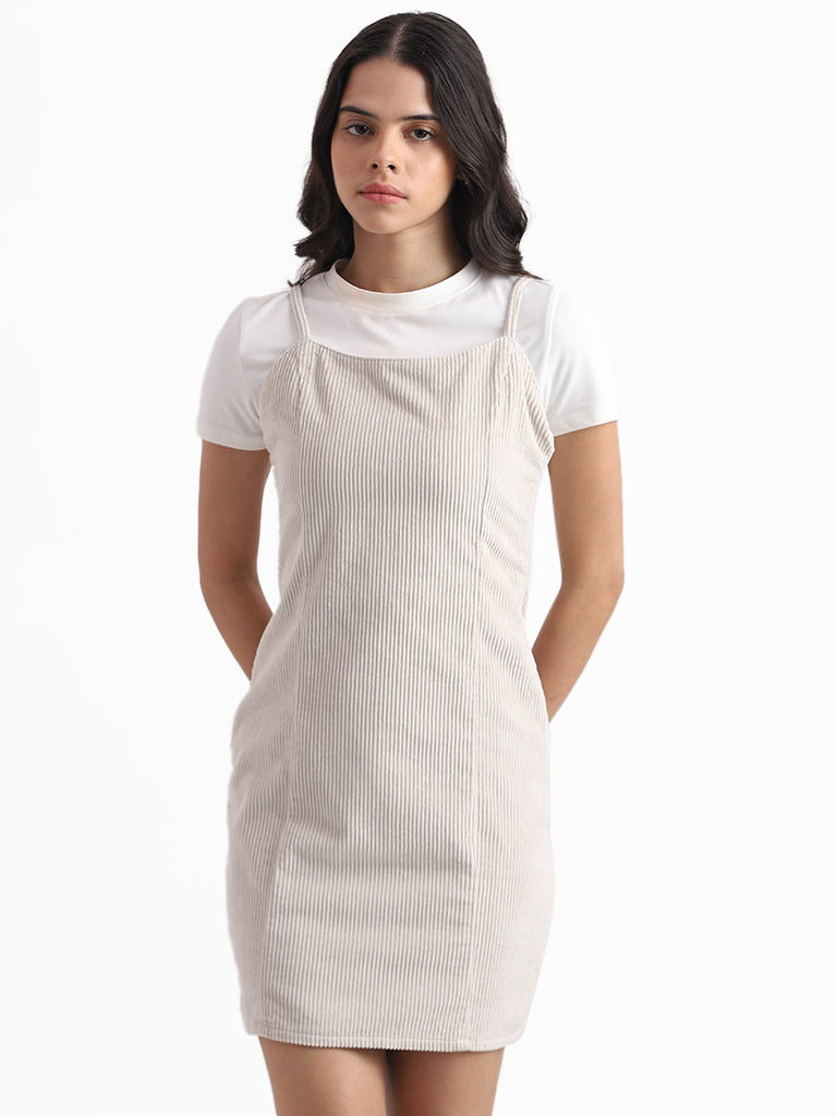 Nuon Solid Light Beige Strappy Shoulder Dress