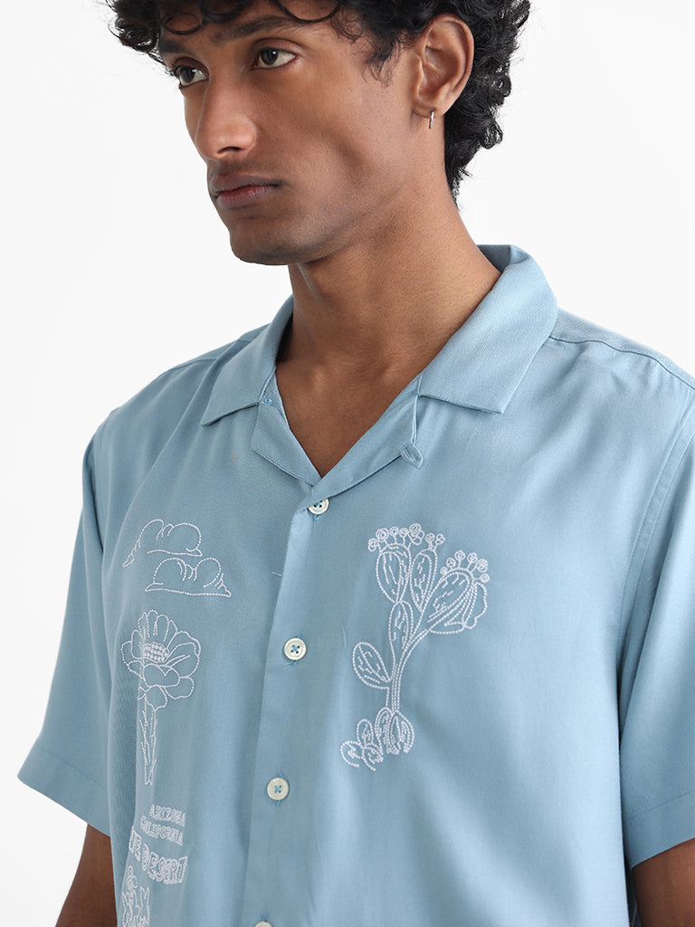 Nuon Light Blue Embroidered Relaxed Fit Shirt