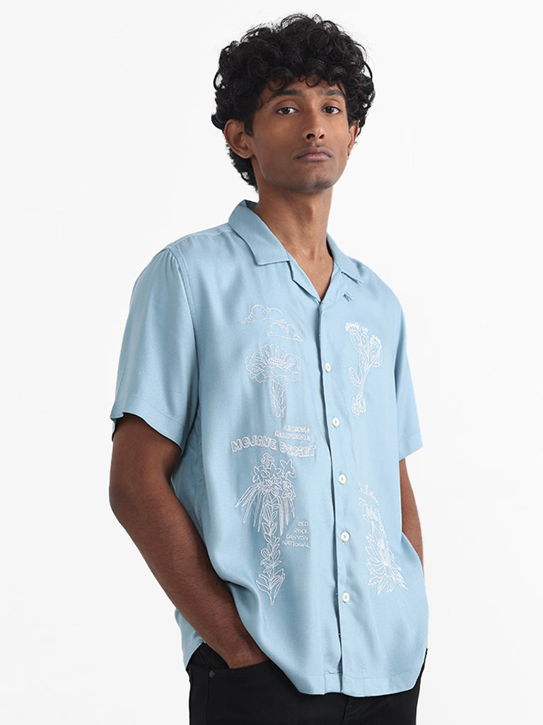 Nuon Light Blue Embroidered Relaxed Fit Shirt