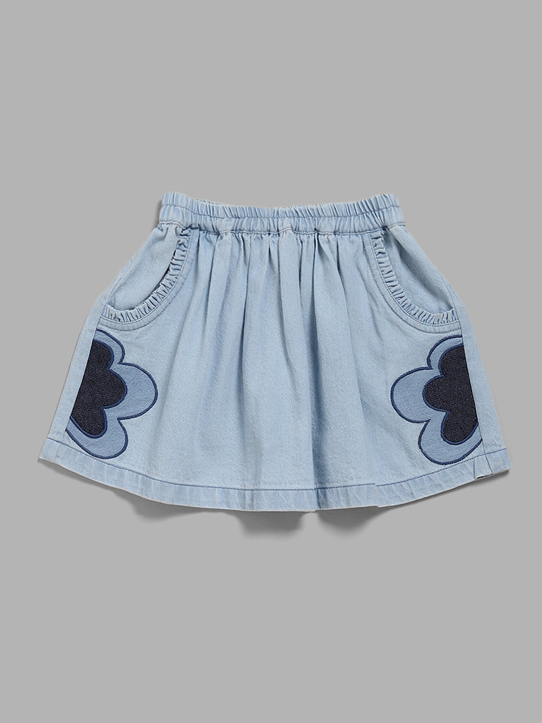 HOP Kids Blue Denim Embroidered Skirt