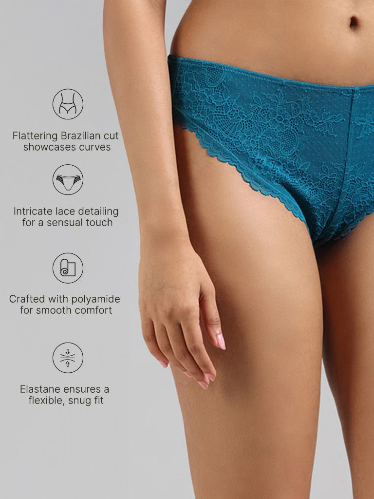 Wunderlove Teal Cotton-Blend Lace Insert Brazilian Brief