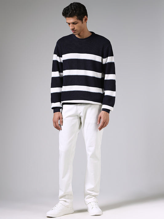Ascot Navy & White Striped Cotton Relaxed Fit Sweater