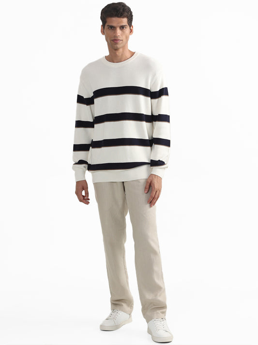 Ascot Striped Off White Crew Neck Cotton Relaxed Fit Sweater