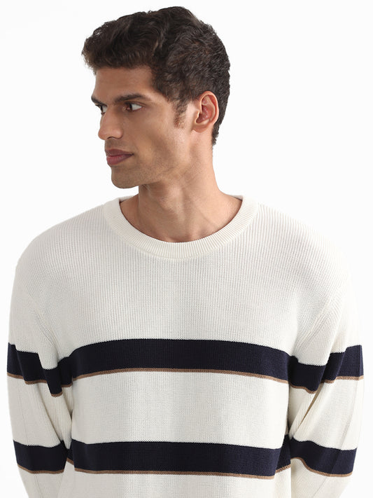 Ascot Striped Off White Crew Neck Cotton Relaxed Fit Sweater