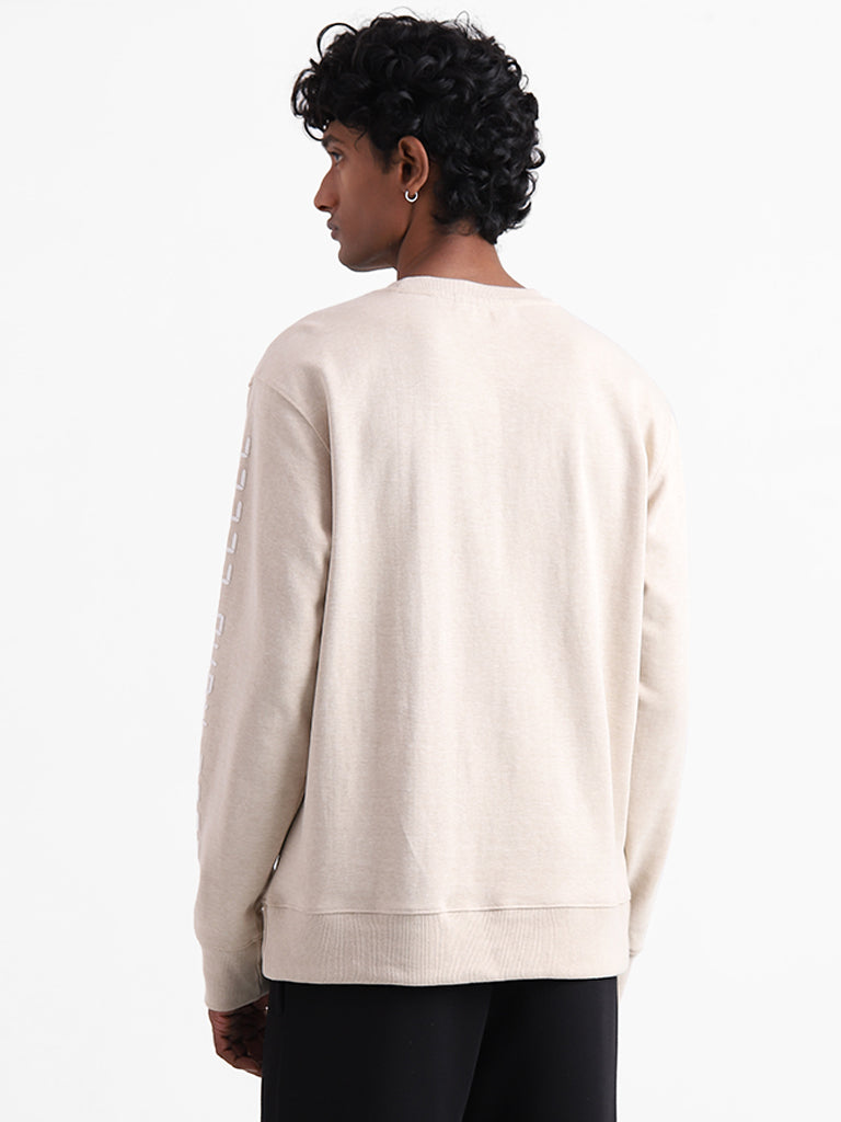 Studiofit Taupe Melange Printed Cotton Relaxed Fit Sweatshirt