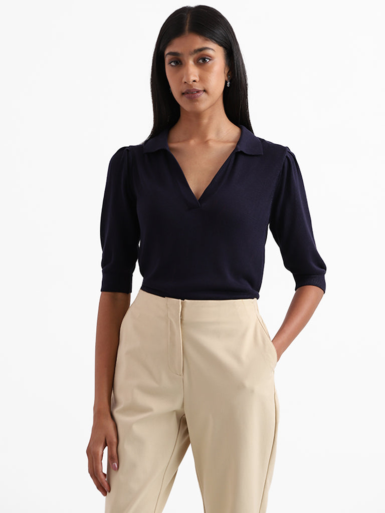 Wardrobe Plain Navy Blue Semi-Formal Top