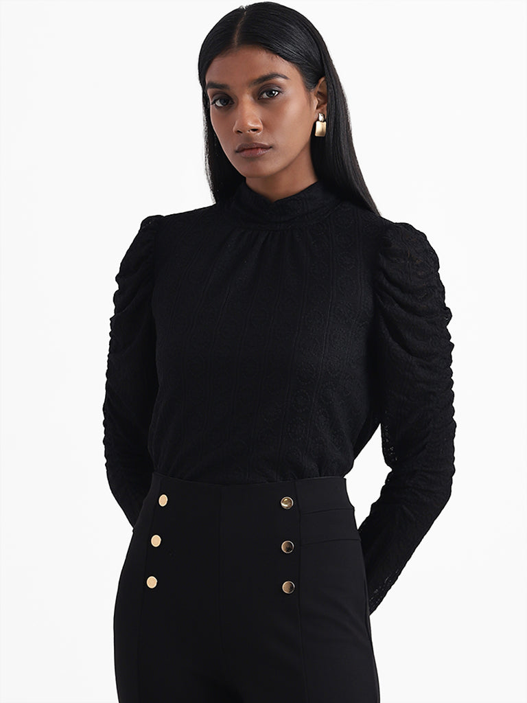 Wardrobe Gathered Sleeve Black Top