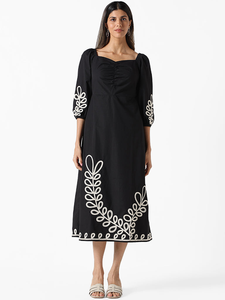 LOV Black Embroidered Regular Fit Dress