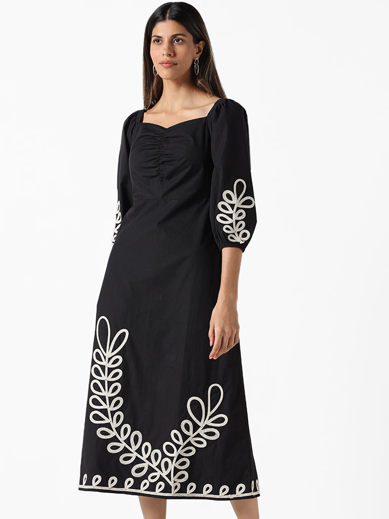 LOV Black Embroidered Regular Fit Dress
