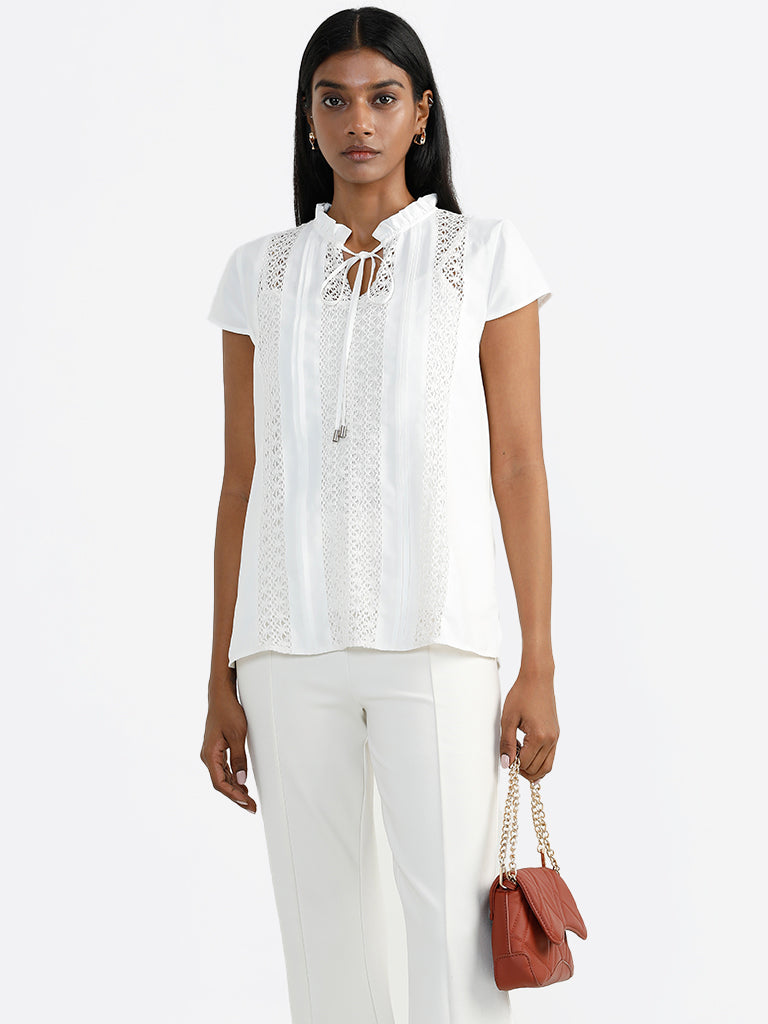 Wardrobe White Schiffli Neck-Tie Top with Camisole
