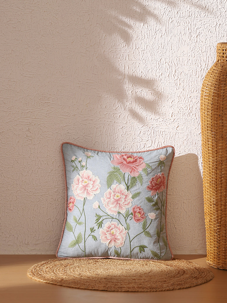 Buy Westside Home Aqua Blue Floral Embroidered Cushion Cover from westside