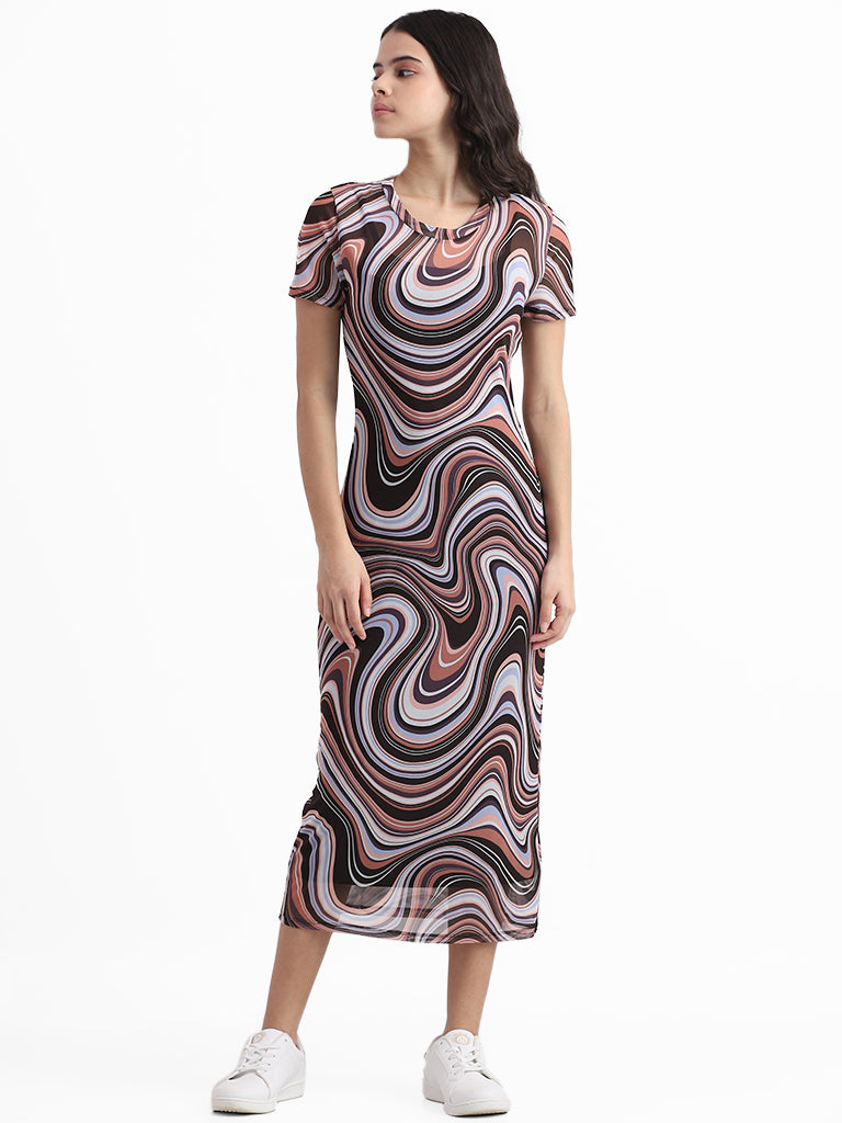 Nuon Brown Multicolor Printed Slim Fit Dress
