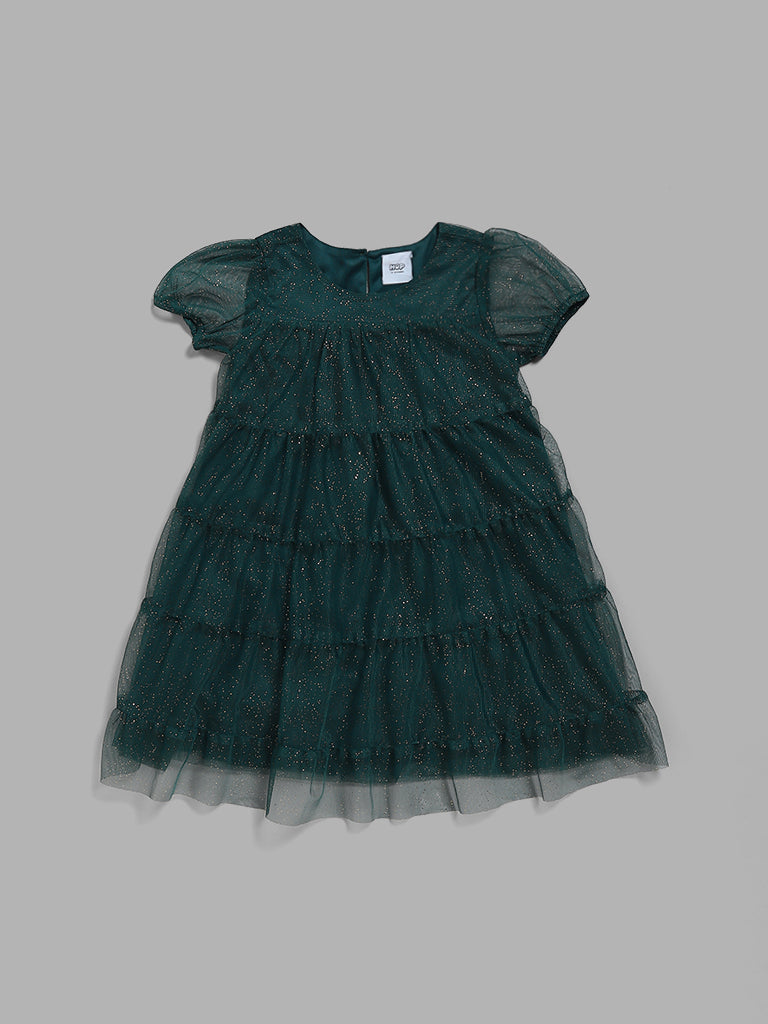 HOP Kids Green Embellished Tiered Dress