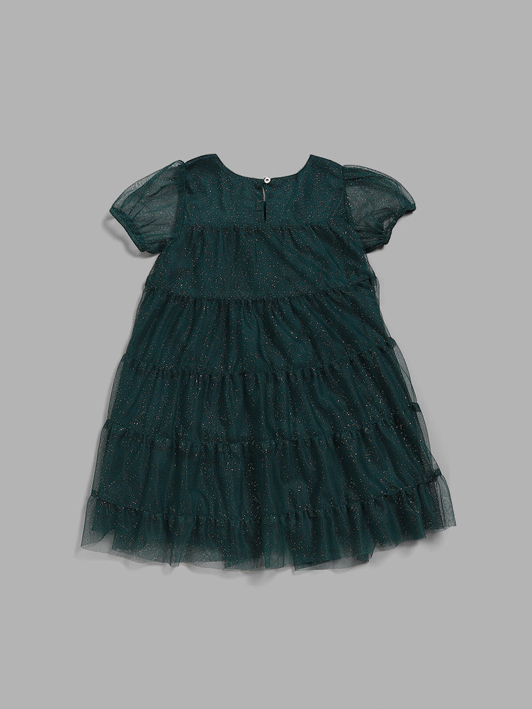 HOP Kids Green Embellished Tiered Dress