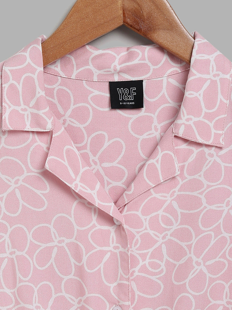 Y&F Kids Pink Doodle Floral Printed Tie Up Shirt