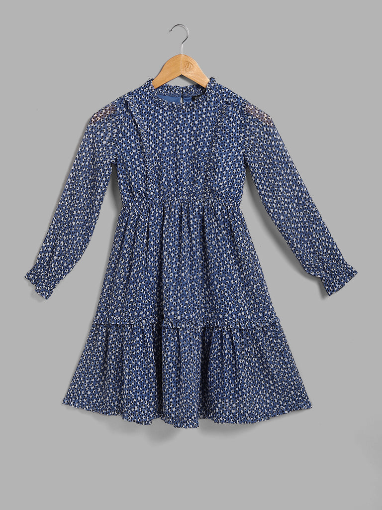 Y&F Kids Blue Printed Tiered Dress