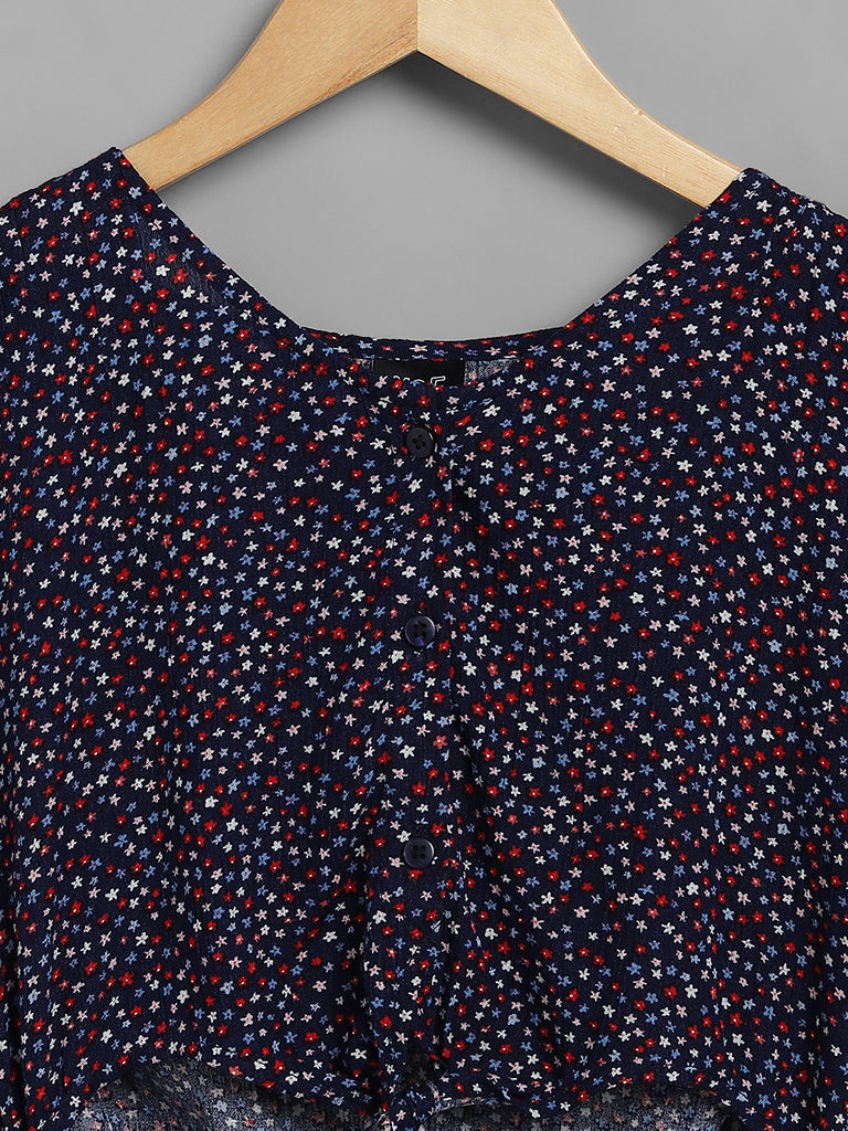 Y&F Kids Navy Blue Floral Printed Cut-Out Dress
