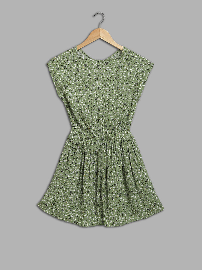 Y&F Kids Sage Green Floral Printed Cut-Out Dress
