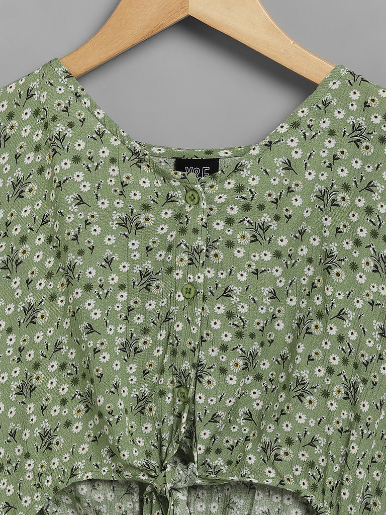 Y&F Kids Sage Green Floral Printed Cut-Out Dress