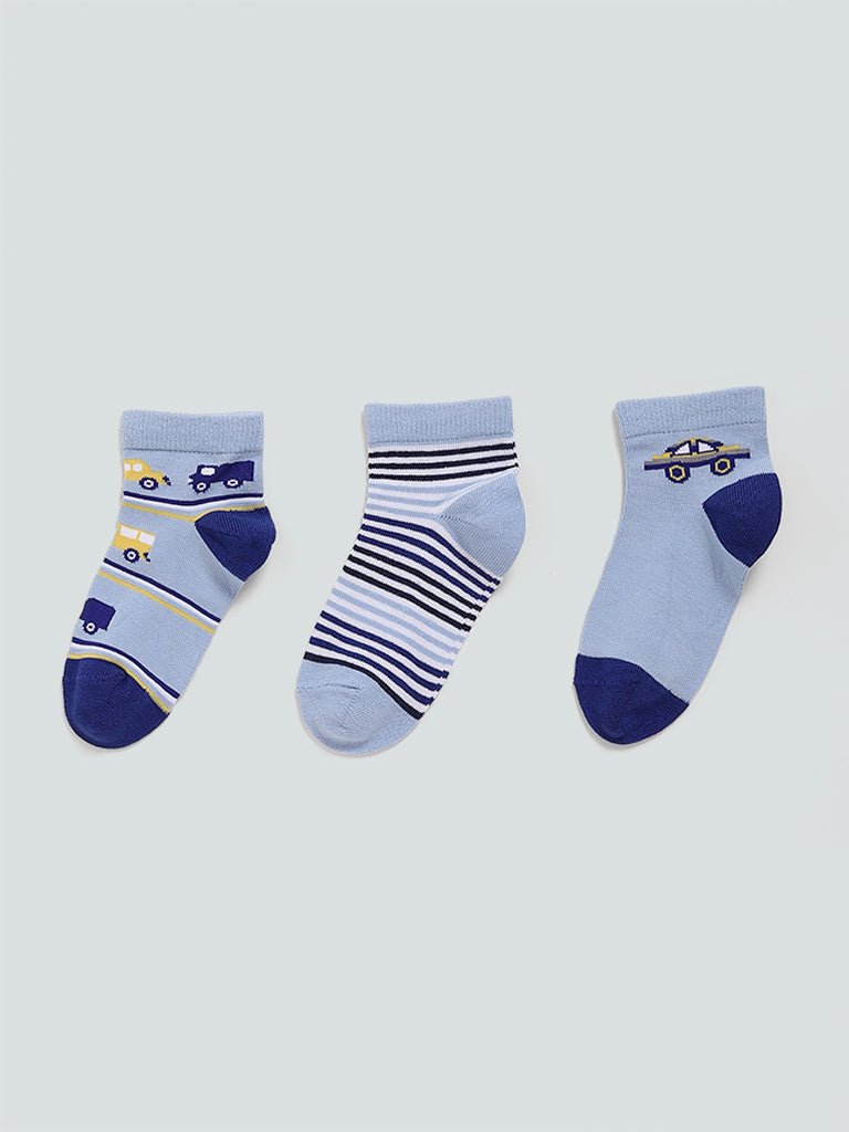 HOP Kids Blue Vehicle Printed Cotton-Blend Socks - Pack of 3