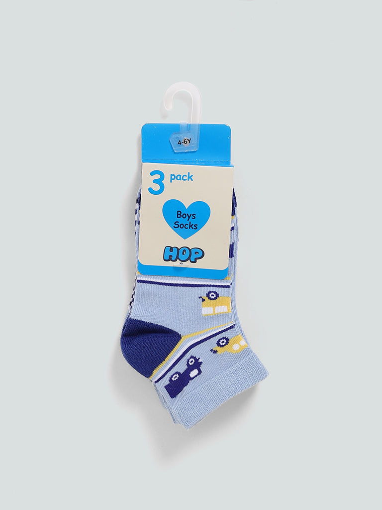 HOP Kids Blue Vehicle Printed Cotton-Blend Socks - Pack of 3