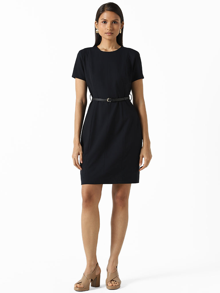 Wardrobe Solid Navy Blue Dress