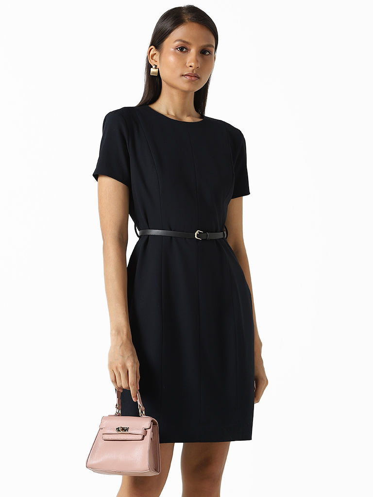 Wardrobe Solid Navy Blue Dress