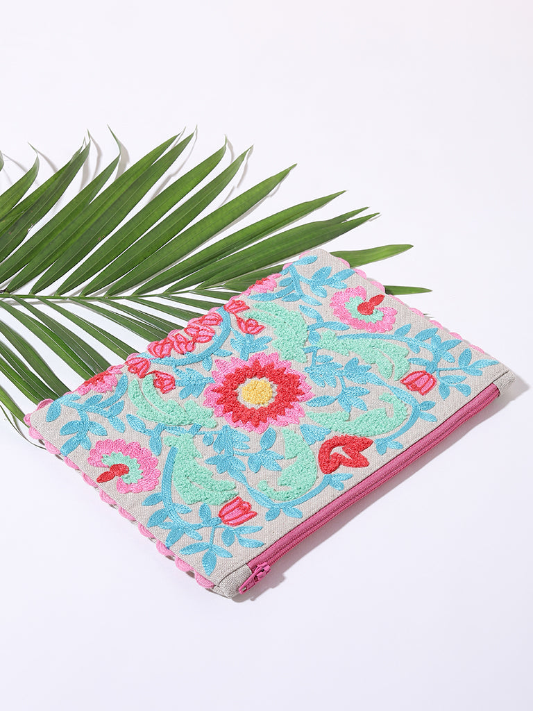 Westside Home Blue & Pink Floral Embroidered Pouch