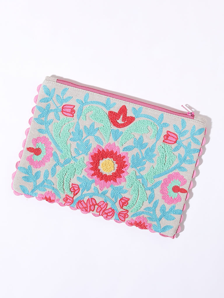 Westside Home Blue & Pink Floral Embroidered Pouch